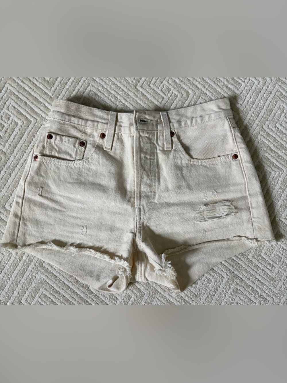 Levi's Cream Distressed High-Rise Jean Shorts